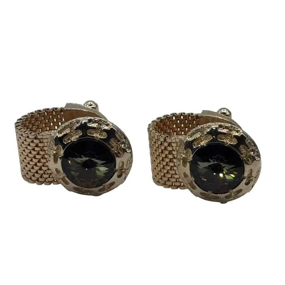 Vintage Gold Tone Mesh‎ Wrap Cufflinks Smoky Rhinestone Statement Men's